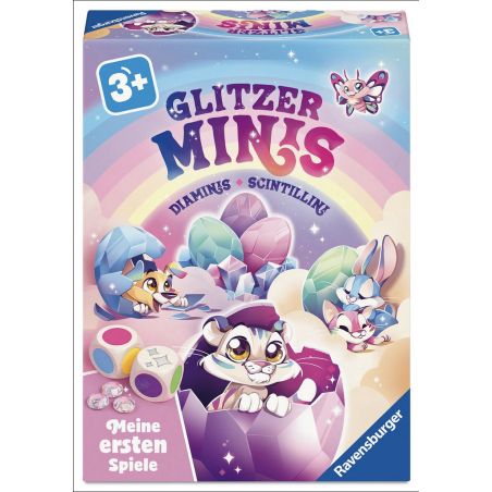 Bunte Spieleschachtel mit Tierfiguren, funkelnden Edelsteinen und Würfeln; ab 3 Jahren geeignet (Glitzer Minis).