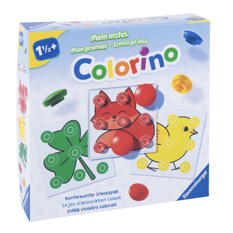 Colorino-Spielbox mit Bildern von Katze, Blatt, Küken und bunten Knöpfen für Kinder ab 1,5 Jahren.