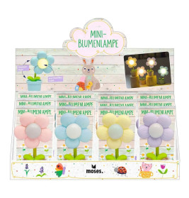 Displaybox mit bunten Mini-Blumenlampen in Pastell, vermarktet als Mini-Blumenlampe von Moses.