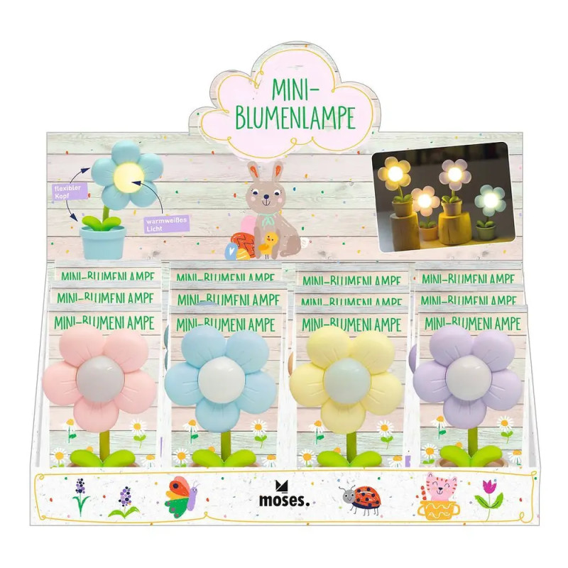 Displaybox mit bunten Mini-Blumenlampen in Pastell, vermarktet als Mini-Blumenlampe von Moses.