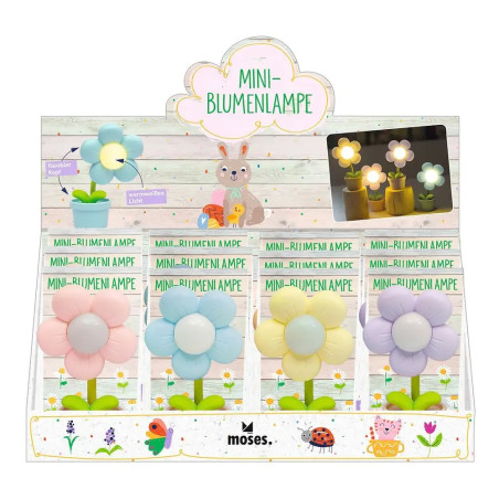 Displaybox mit bunten Mini-Blumenlampen in Pastell, vermarktet als Mini-Blumenlampe von Moses.