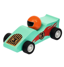 Mintgrünes Spielzeugrennwagen mit schwarzen Rädern, roten Flammen, orangem Helm und Startnummer 3 Decor.