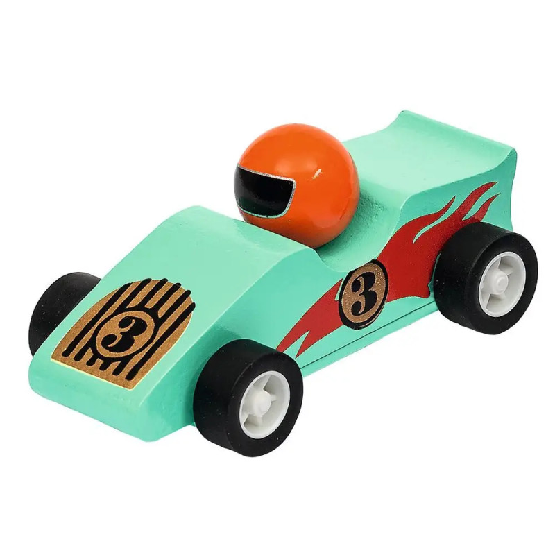 Mintgrünes Spielzeugrennwagen mit schwarzen Rädern, roten Flammen, orangem Helm und Startnummer 3 Decor.