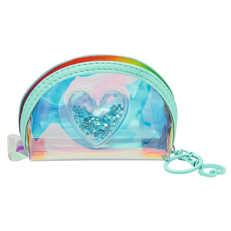 Pastellfarbene, irisierende Tasche mit herzförmigem Sichtfenster, blauer Konfetti-Füllung und mintfarbenem Reißverschluss.