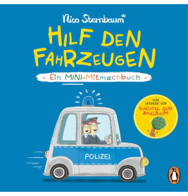 Cover eines deutschen Kinderbuchs mit Comic-Polizeiauto, zwei Polizisten und buntem Text.