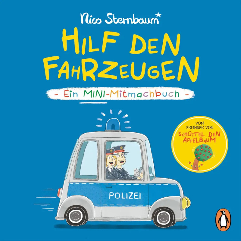 Cover eines deutschen Kinderbuchs mit Comic-Polizeiauto, zwei Polizisten und buntem Text.