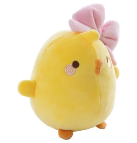 Gelbes Plüschküken mit rosa Schleife am Kopf, rundem Körper sowie kleinen Flügeln und Füßen.