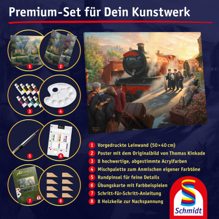Ein Premium-Malset mit Zugbild, Farben, Pinseln, Palette und Anleitung vor dunkelblauem Hintergrund.