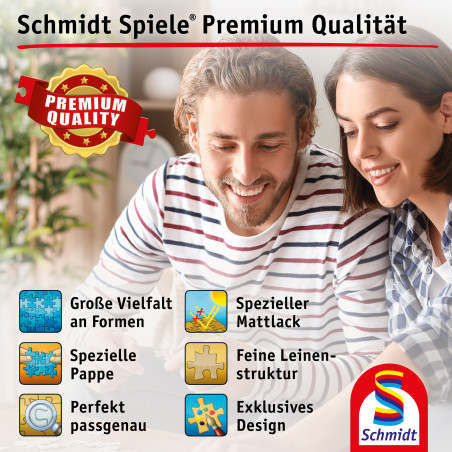 Ein lachendes Paar puzzelt, umgeben von Icons, die die Qualitätsmerkmale der Schmidt-Puzzles zeigen.