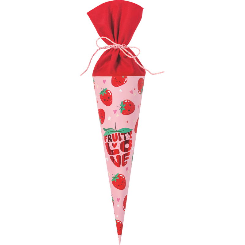 Rosa Tüte mit Erdbeermuster, rotem Deckel, Aufschrift "FRUITY LOVE" und einer Schnur als Schleife gebunden.