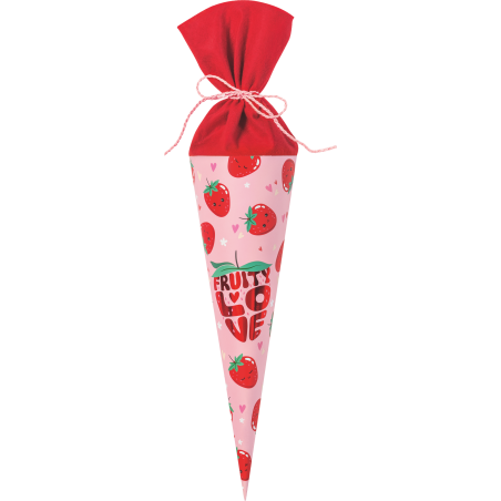 Rosa Tüte mit Erdbeermuster, rotem Deckel, Aufschrift "FRUITY LOVE" und einer Schnur als Schleife gebunden.