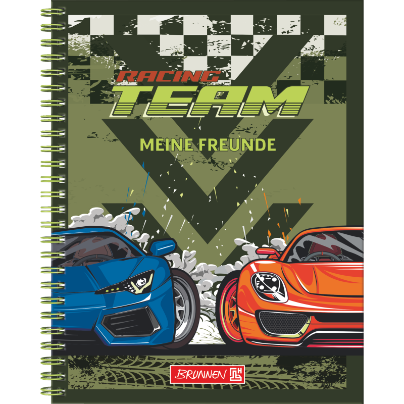 Zwei Rennwagen, blau und rot, rasen auf einem Notizbuch mit der Aufschrift "Racing Team Meine Freunde" nach vorn.