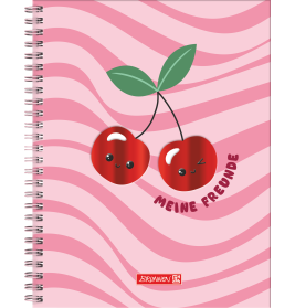 Notizbuch mit zwei Kirschen und "MEINE FREUNDE" auf rosa, welligem Hintergrund.