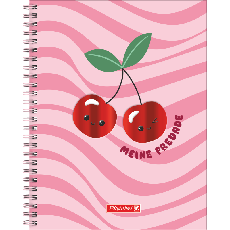 Notizbuch mit zwei Kirschen und "MEINE FREUNDE" auf rosa, welligem Hintergrund.
