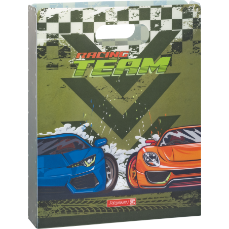 Ordner mit blauen und orangen Rennwagen, Zielflaggen und "Racing Team"-Schriftzug auf grünem Hintergrund.
