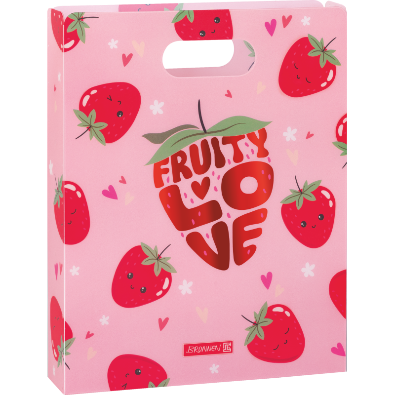 Rosa Geschenktüte mit gezeichneten Erdbeeren, Herzen und "FRUITY LOVE" in einer großen Erdbeere.