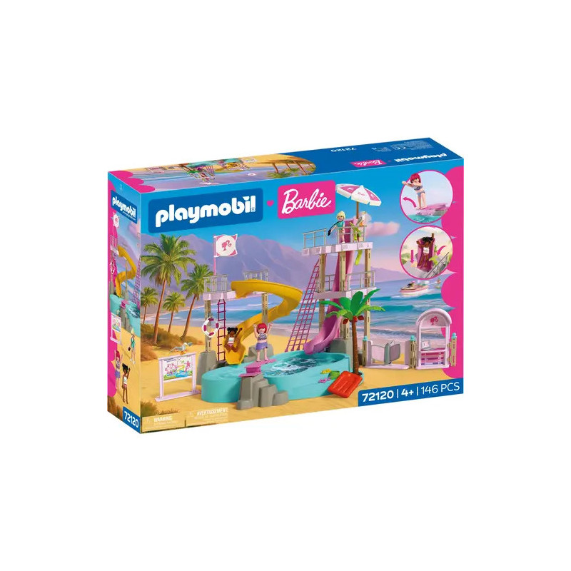 Playmobil Barbie-Set mit Strand-Pool, Rutsche und Palmen auf der Verpackung.