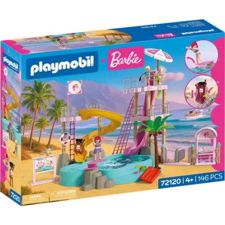 Playmobil Barbie-Set mit Strand-Pool, Rutsche und Palmen auf der Verpackung.