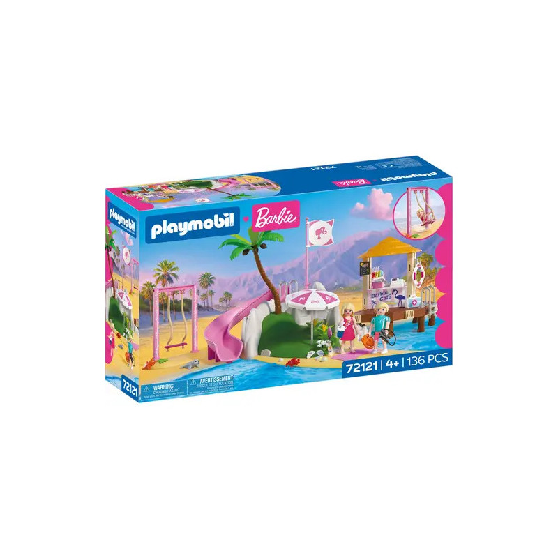 Playmobil Barbie-Set mit Strandszene, Palmen, Pool und Zubehör.