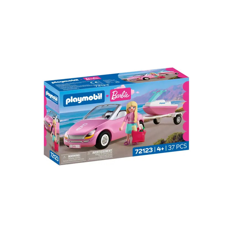 Playmobil Barbie-Set mit rosa Auto, Barbie-Figur, Anhänger und Boot auf der Verpackung abgebildet.