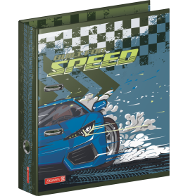 Ein blauer Sportwagen fährt über die Rennstrecke, auf einem Ordner mit "Built for Speed"-Text und Zielflaggen-Design.