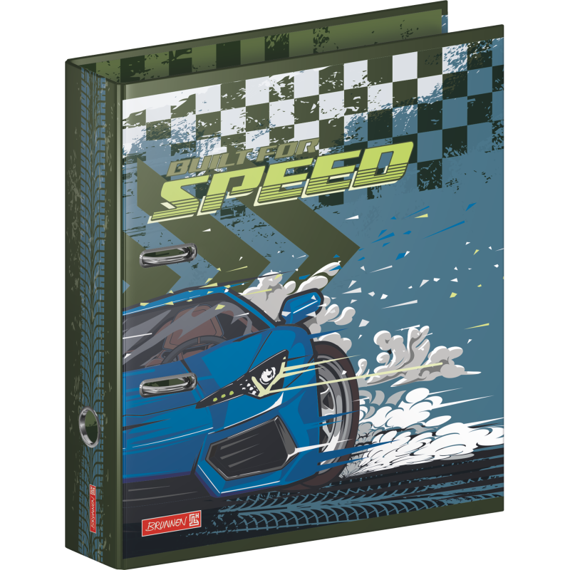 Ein blauer Sportwagen fährt über die Rennstrecke, auf einem Ordner mit "Built for Speed"-Text und Zielflaggen-Design.