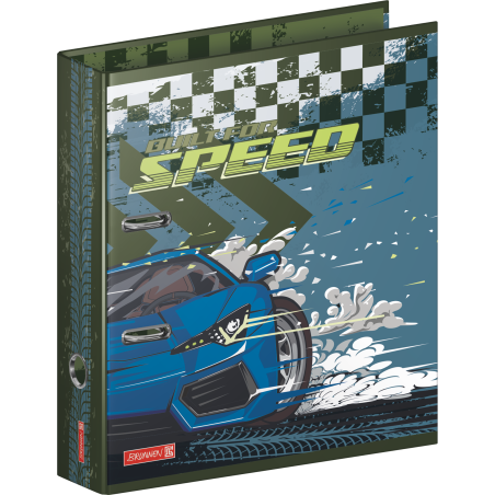 Ein blauer Sportwagen fährt über die Rennstrecke, auf einem Ordner mit "Built for Speed"-Text und Zielflaggen-Design.