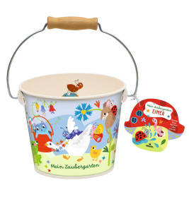 Kinder-Eimer mit Tiermotiven, Metallhenkel mit Holzgriff und rotem Marienkäfer-Anhänger.