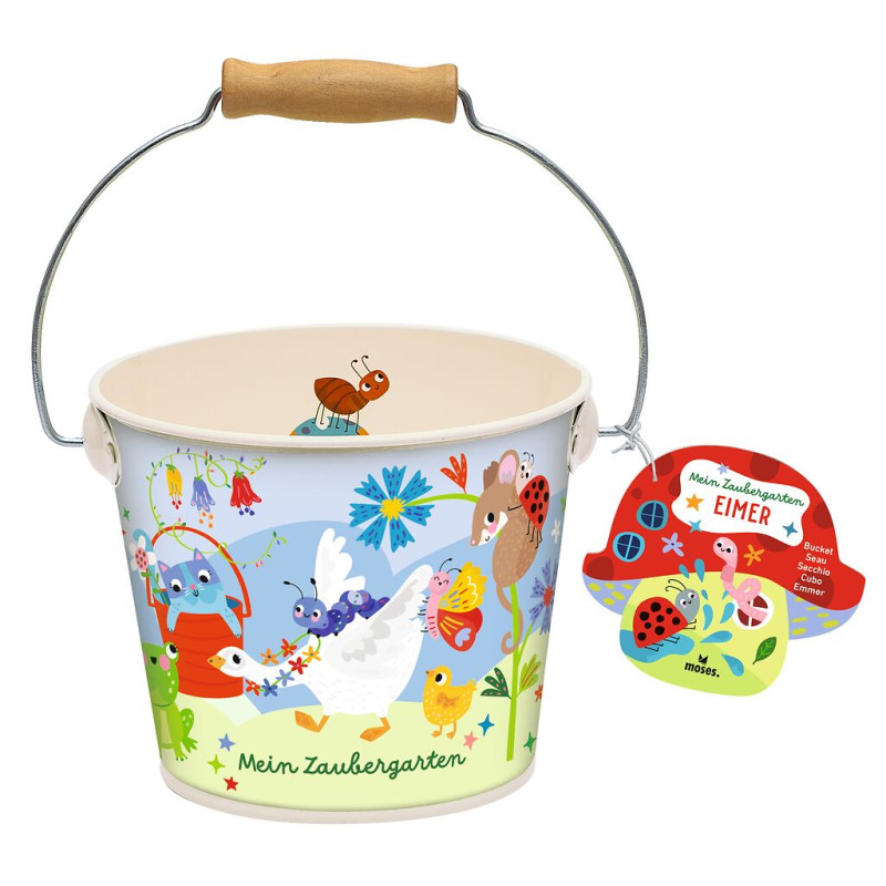 Kinder-Eimer mit Tiermotiven, Metallhenkel mit Holzgriff und rotem Marienkäfer-Anhänger.