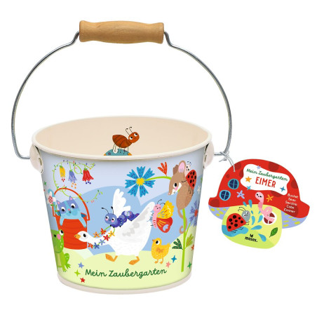 Kinder-Eimer mit Tiermotiven, Metallhenkel mit Holzgriff und rotem Marienkäfer-Anhänger.