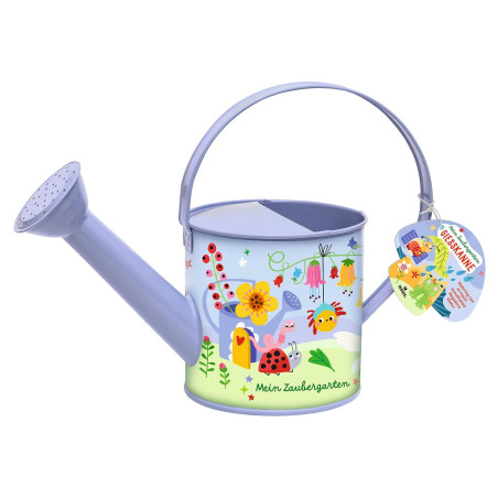 Hellblaue Kinder-Gießkanne mit bunten Gartenmotiven und einem Henkel oben.