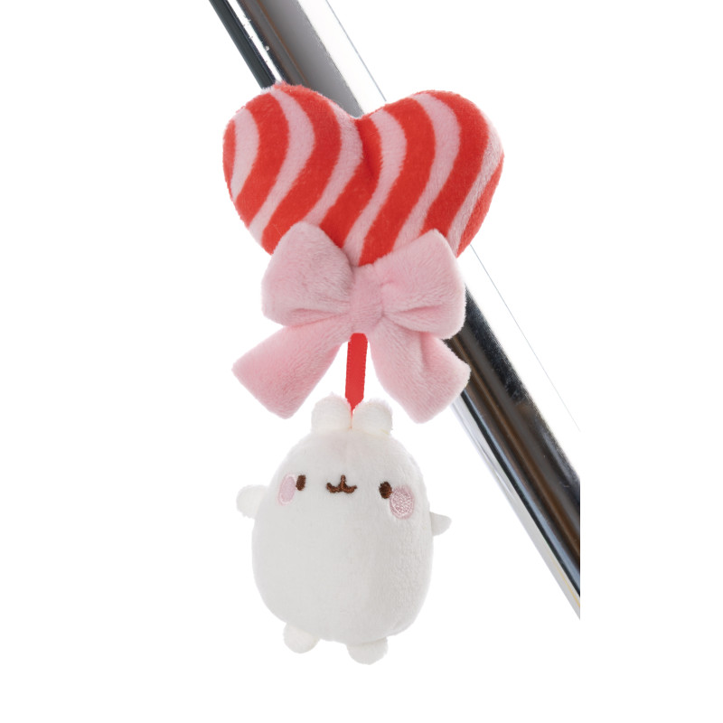 Plüschtier mit rosa Schleife, rot gestreiftem Herz und einem niedlichen weißen Hasen, der darunter hängt.