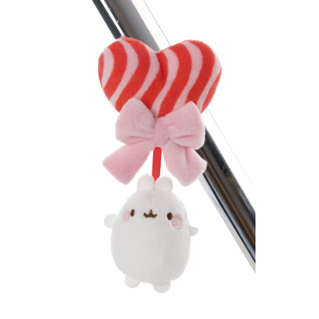 Plüschtier mit rosa Schleife, rot gestreiftem Herz und einem niedlichen weißen Hasen, der darunter hängt.