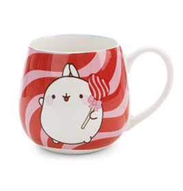 Rot-weiße Tasse mit einem Cartoon-Hasen, der einen herzförmigen Lutscher auf wirbelndem Hintergrund hält.