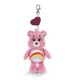 Rosa Plüschbär-Schlüsselanhänger mit Regenbogenbauch und herzförmigem Clip am Kopf.