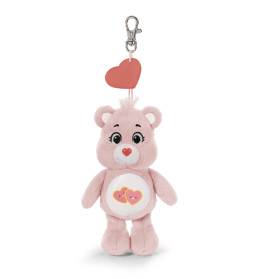 Rosa Care Bear Plüsch-Schlüsselanhänger mit Herz-Clip und zwei lächelnden Herzen auf dem Bauch.