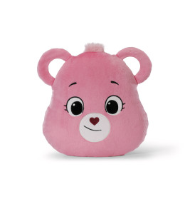 Rosa Plüschkissen in Bärenform mit großen Augen, kleinem Lächeln und herzförmiger Nase.