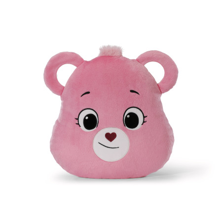 Rosa Plüschkissen in Bärenform mit großen Augen, kleinem Lächeln und herzförmiger Nase.