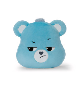 Blaue Plüschbär-Kissen mit wütendem Gesichtsausdruck und herzförmiger Nase.