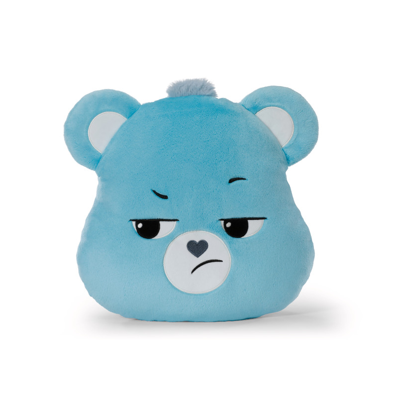 Blaue Plüschbär-Kissen mit wütendem Gesichtsausdruck und herzförmiger Nase.