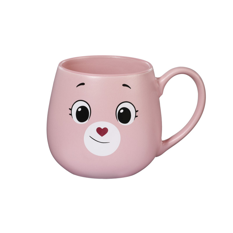 Pinker Becher mit niedlichem Bären-Gesicht; große Augen, herzförmige Nase und leichtem Lächeln.