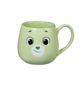 Hellgrüne Tasse mit Bärengesicht, großen Augen und grünem herzförmigem Nasenmotiv.