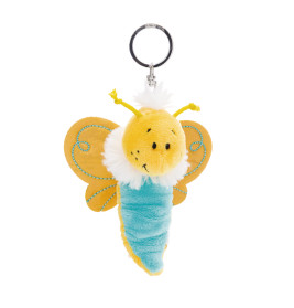 Plüsch-Schmetterlingsanhänger mit gelben Flügeln, blauem Körper und lachendem Gesicht.