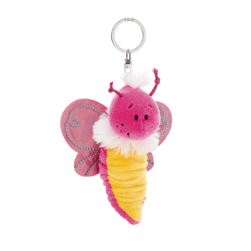 Rosa-gelber Plüsch-Schmetterlingsanhänger mit Flügeln, Fühlern und einem flauschigen weißen Kragen.