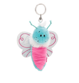 Plüsch-Schmetterlingsanhänger mit blauen Flügeln, rosa Körper und Fühlern an einem silbernen Schlüsselring.