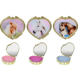 Drei herzförmige Dosen mit Pferdemotiven, geöffnet, zeigen Spiegel und pinke, violette sowie blaue Böden.