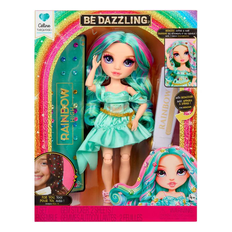 Rainbow High Céline Turquoise Puppe mit bunten Haaren, grünem Kleid und Zubehör in einer farbenfrohen Verpackung.