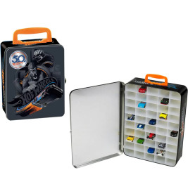 Hot Wheels 50 Jahre Metallkoffer, geöffnet mit sichtbaren Spielzeugautos in einzelnen Fächern.