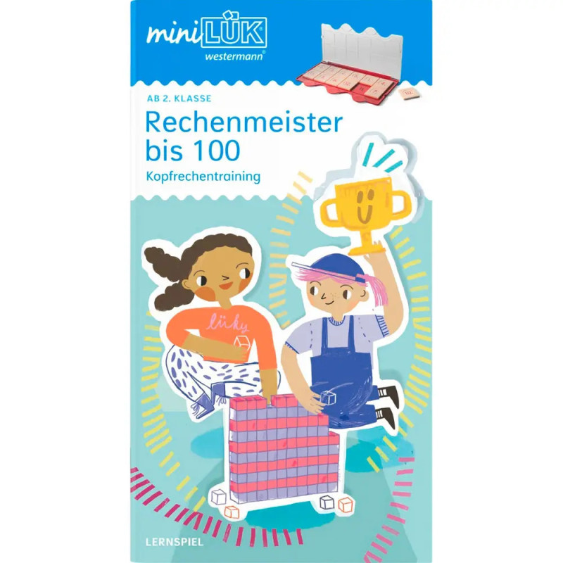 Zwei Kinder spielen mit Matheblöcken, eines hält einen Pokal. Text: Rechenmeister bis 100.