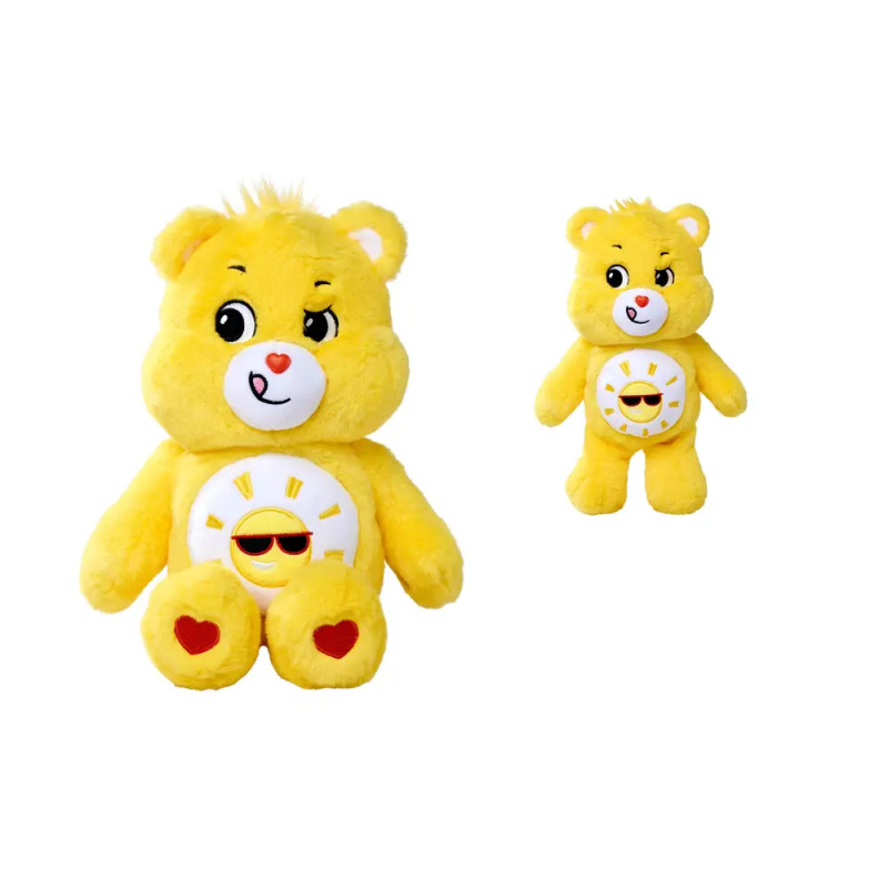 Zwei gelbe Teddybären, einer groß, einer klein, mit Sonne und Sonnenbrille auf dem Bauch vor weißem Hintergrund.